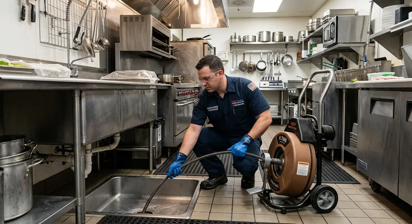 Commercial drain cleaning service in a restaurant kitchen in Harvard