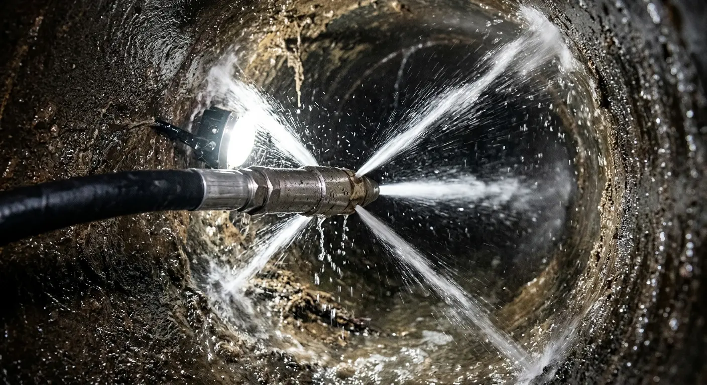 High-pressure hydro jetting nozzle cleaning sewer pipe for Trenchless Sewer Repair in Harvard