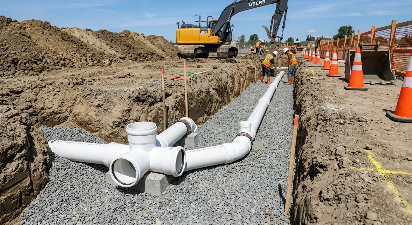 New PVC sewer pipe installation in open trench for Sewer Backup in Harvard
